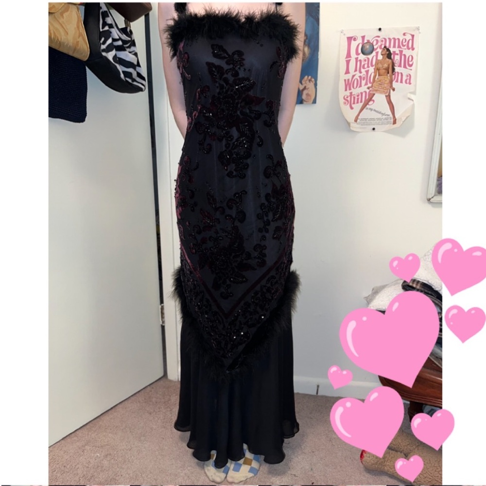 Custom long prom night dress with faux fur and purple/maroon floral detailing